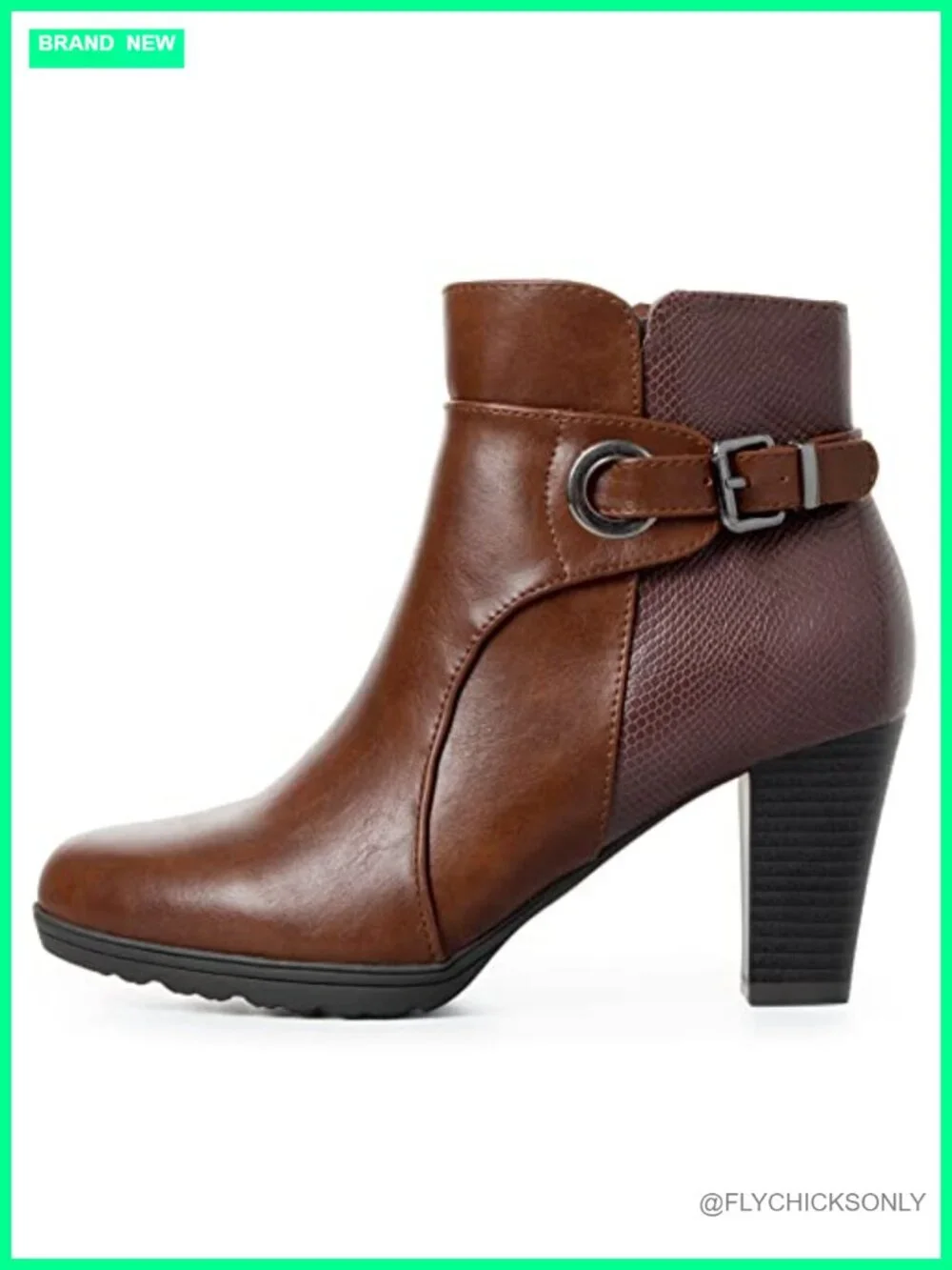 Women's Chunky Stacked Heel Ankle Boots Faux Leather Side Zipper Buckle Booties
